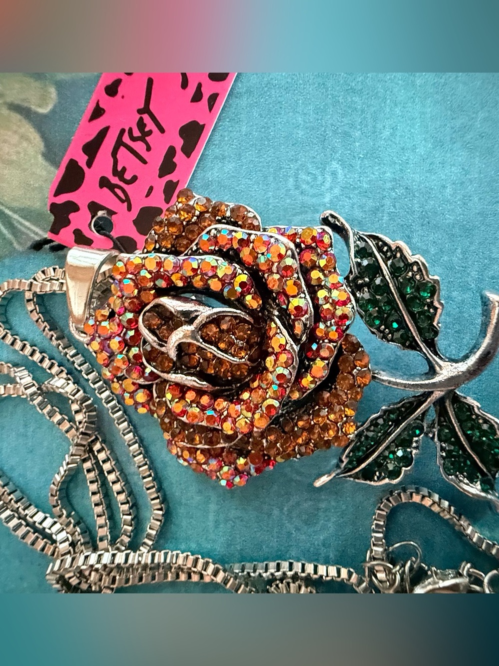 Betsey Johnson Orange and Green Crystal Rose Brooch and Necklace